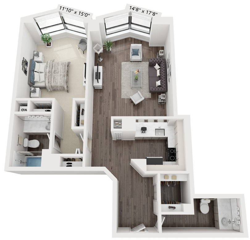 Floor plan for 1 bed, 1.5 baths, 885 sqft